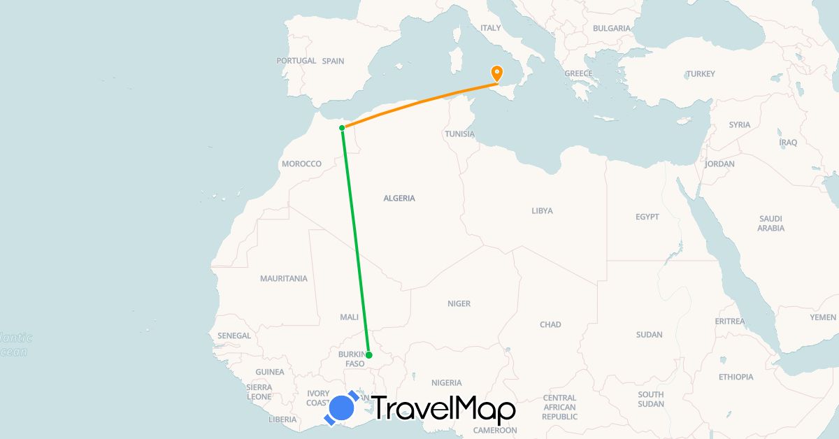 TravelMap itinerary: driving, bus, hitchhiking in Burkina Faso, Italy, Morocco (Africa, Europe)